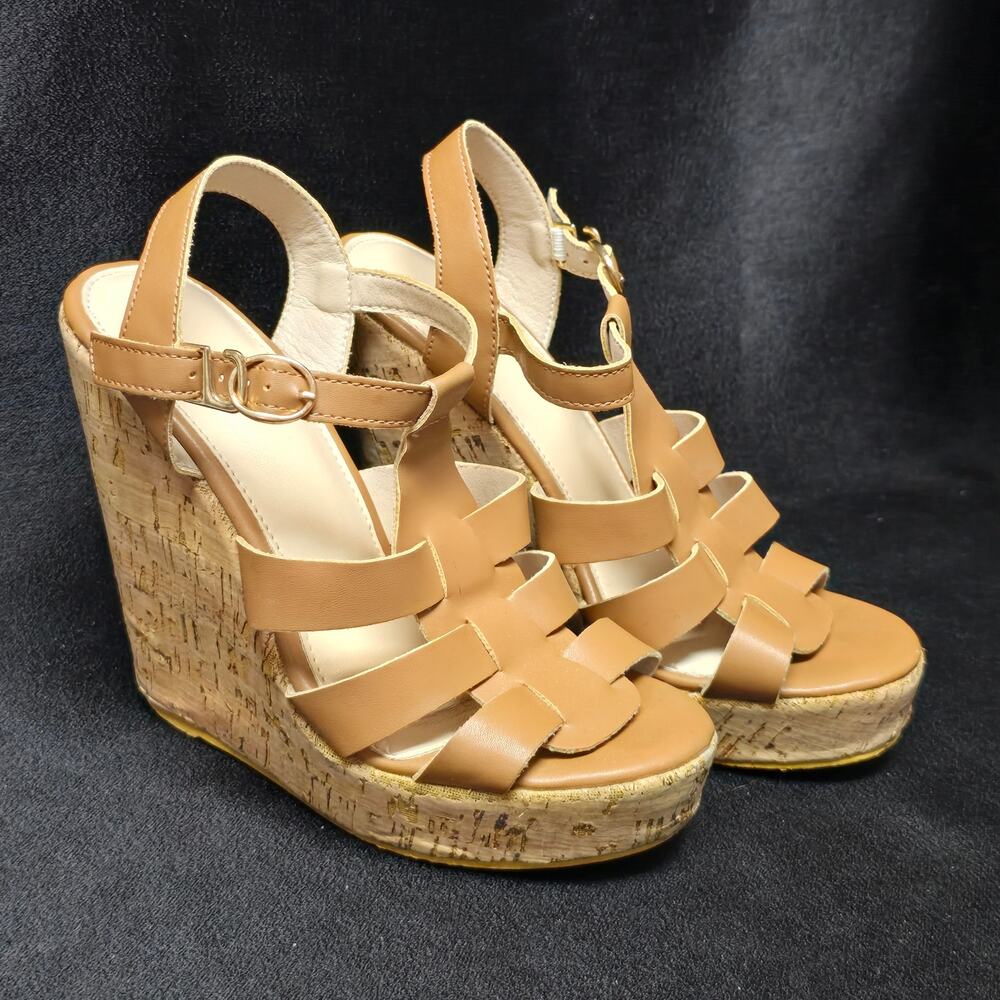 Tan Faux Leather Corkscrew Wedge Heel Adjustable Side Strap Heeled Sandals